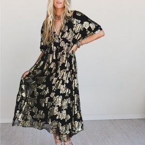 Three Bird Nest Black and Gold Midi Dress